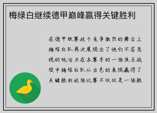 梅绿白继续德甲巅峰赢得关键胜利