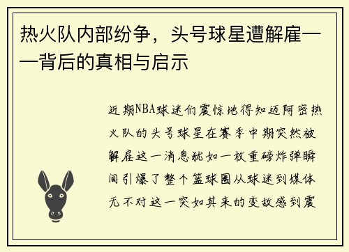 热火队内部纷争，头号球星遭解雇——背后的真相与启示